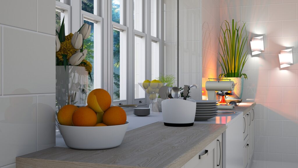 kitchen counter with bowl of oranges and potted plants
